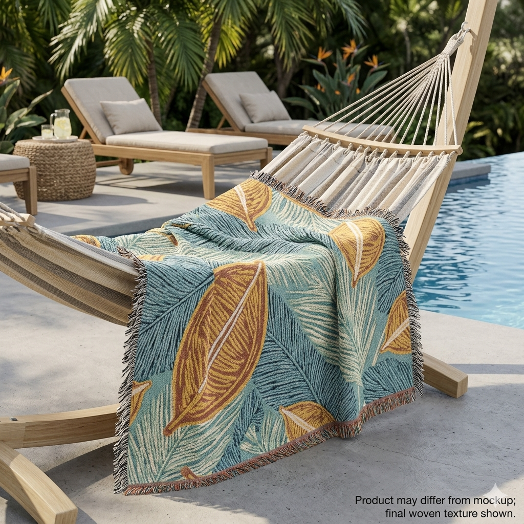 Couverture tissée à feuilles tropicales — Jeté décoratif douillet pour le salon et le patio