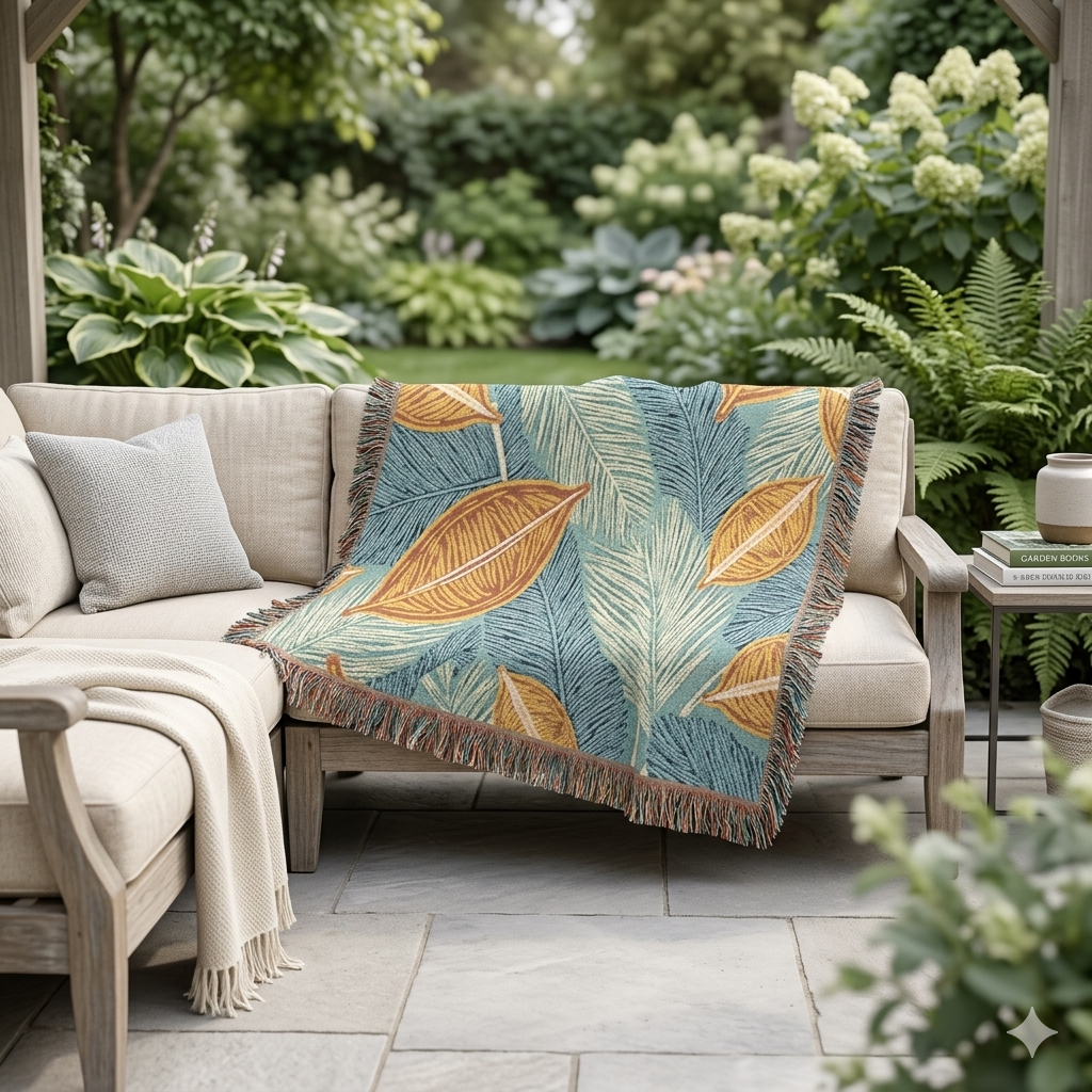 Couverture tissée à feuilles tropicales — Jeté décoratif douillet pour le salon et le patio