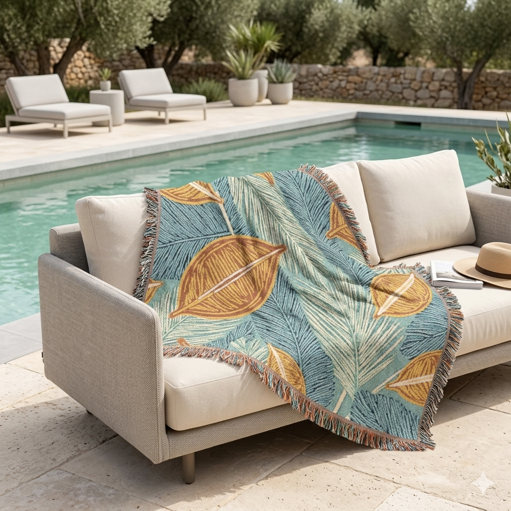 Couverture tissée à feuilles tropicales — Jeté décoratif douillet pour le salon et le patio