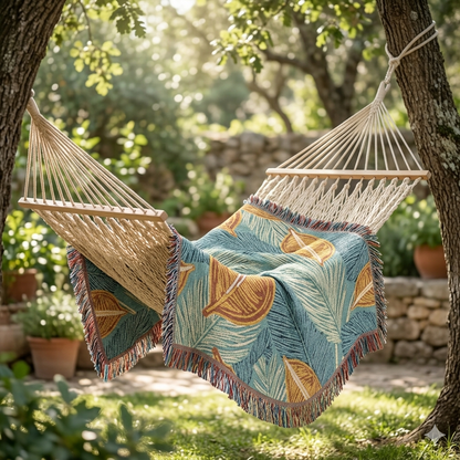 Couverture tissée à feuilles tropicales — Jeté décoratif douillet pour le salon et le patio