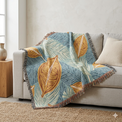 Couverture tissée à feuilles tropicales — Jeté décoratif douillet pour le salon et le patio