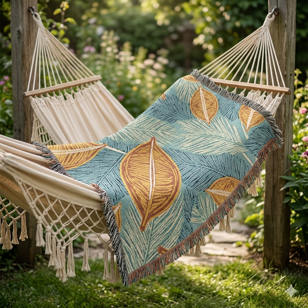 Couverture tissée à feuilles tropicales — Jeté décoratif douillet pour le salon et le patio