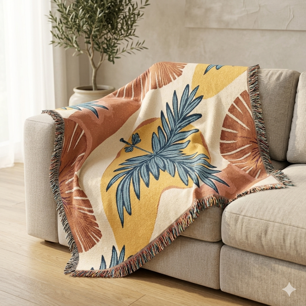 Plaid tissé "Palmier Tropical" — Jeté de plage bohème pour salon et patio