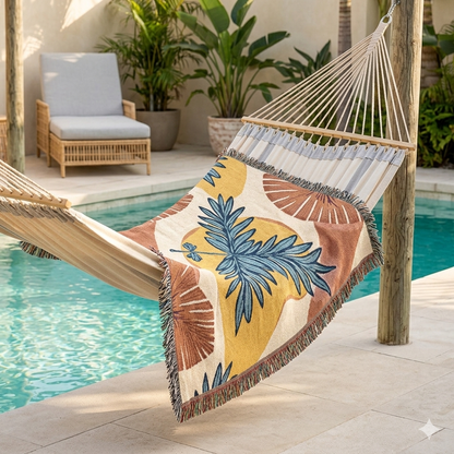 Plaid tissé "Palmier Tropical" — Jeté de plage bohème pour salon et patio