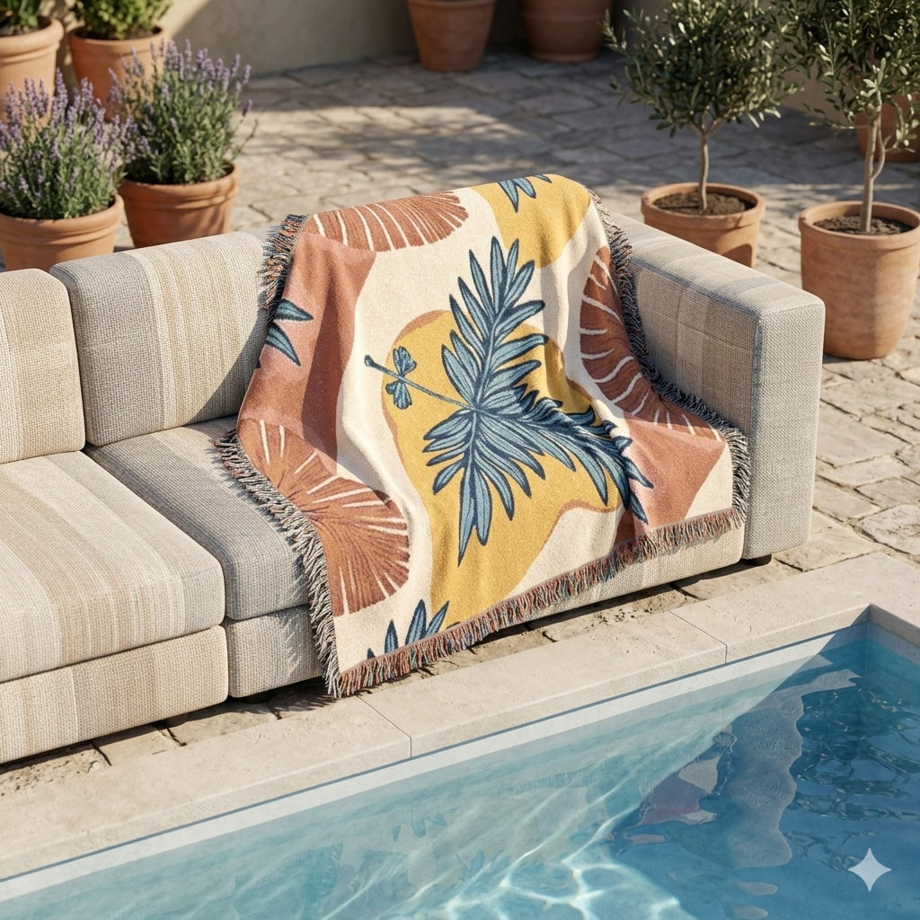 Plaid tissé "Palmier Tropical" — Jeté de plage bohème pour salon et patio