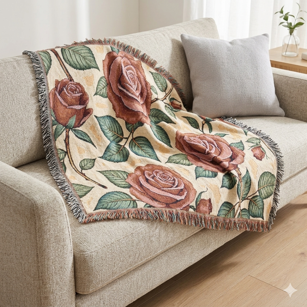 Rose Woven Blanket — Vintage Floral Throw for Sofa & Bed