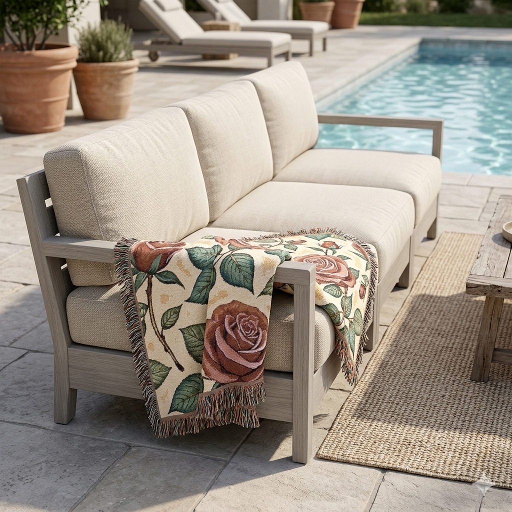 Rose Woven Blanket — Vintage Floral Throw for Sofa & Bed