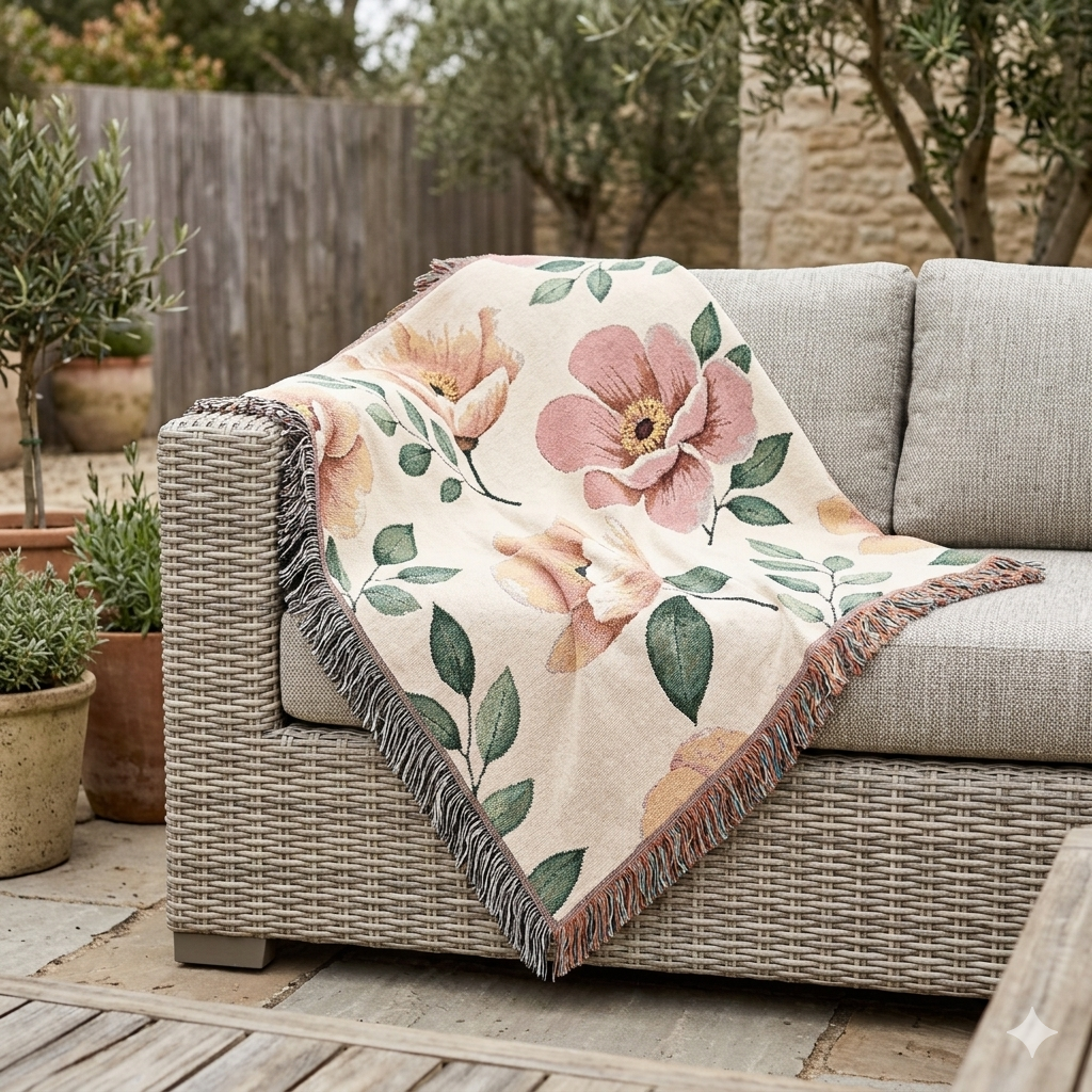Couverture tissée florale — Plaid botanique vintage
