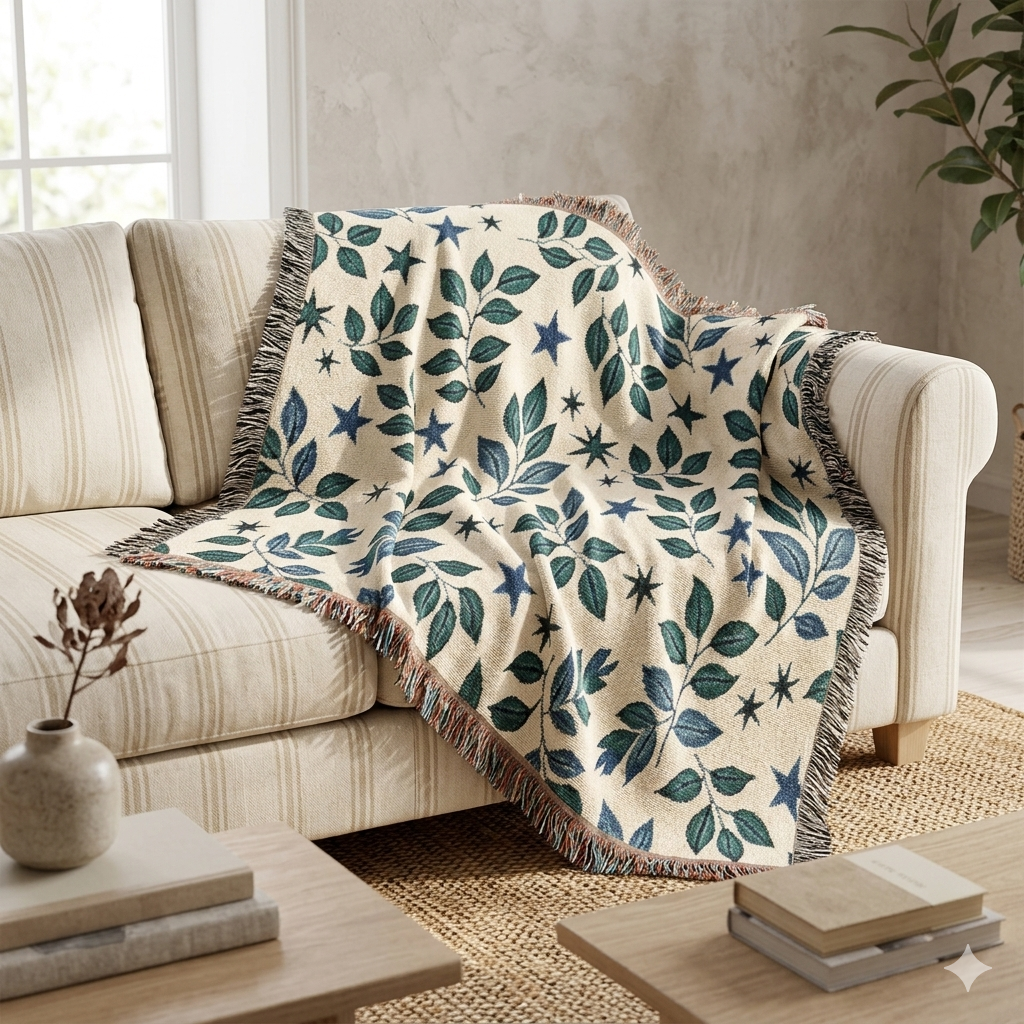 Couverture tissée Botanical Star — Jeté réversible à motif de feuilles et d'étoiles