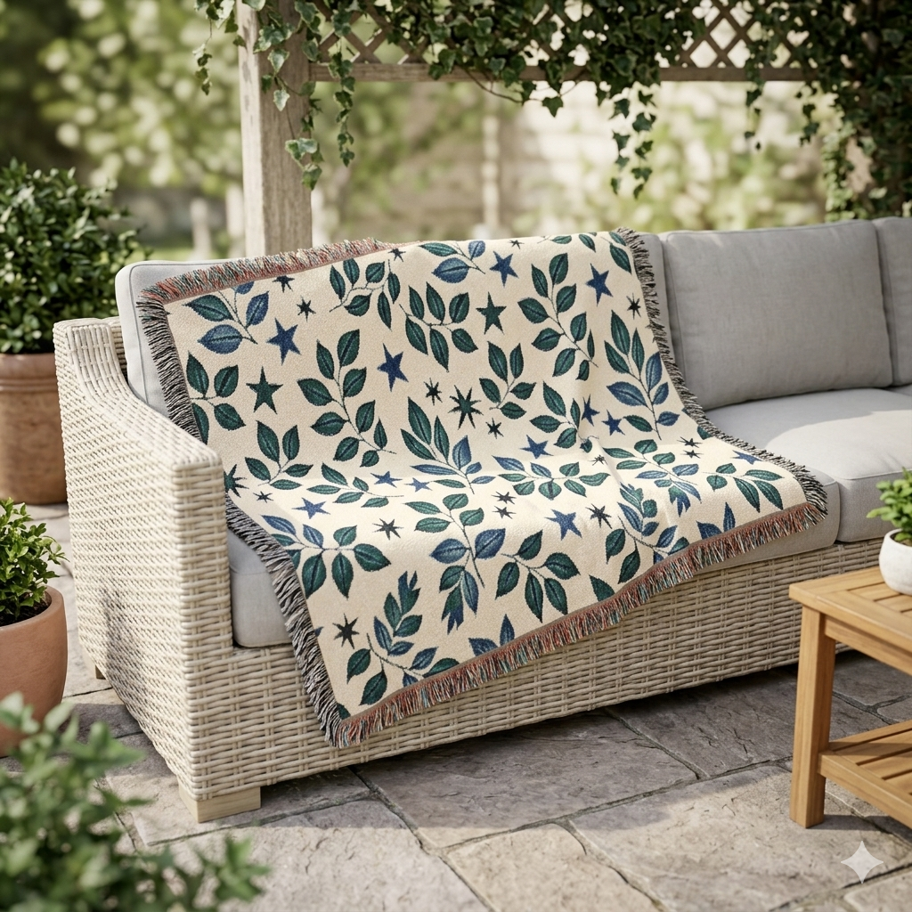 Couverture tissée Botanical Star — Jeté réversible à motif de feuilles et d'étoiles