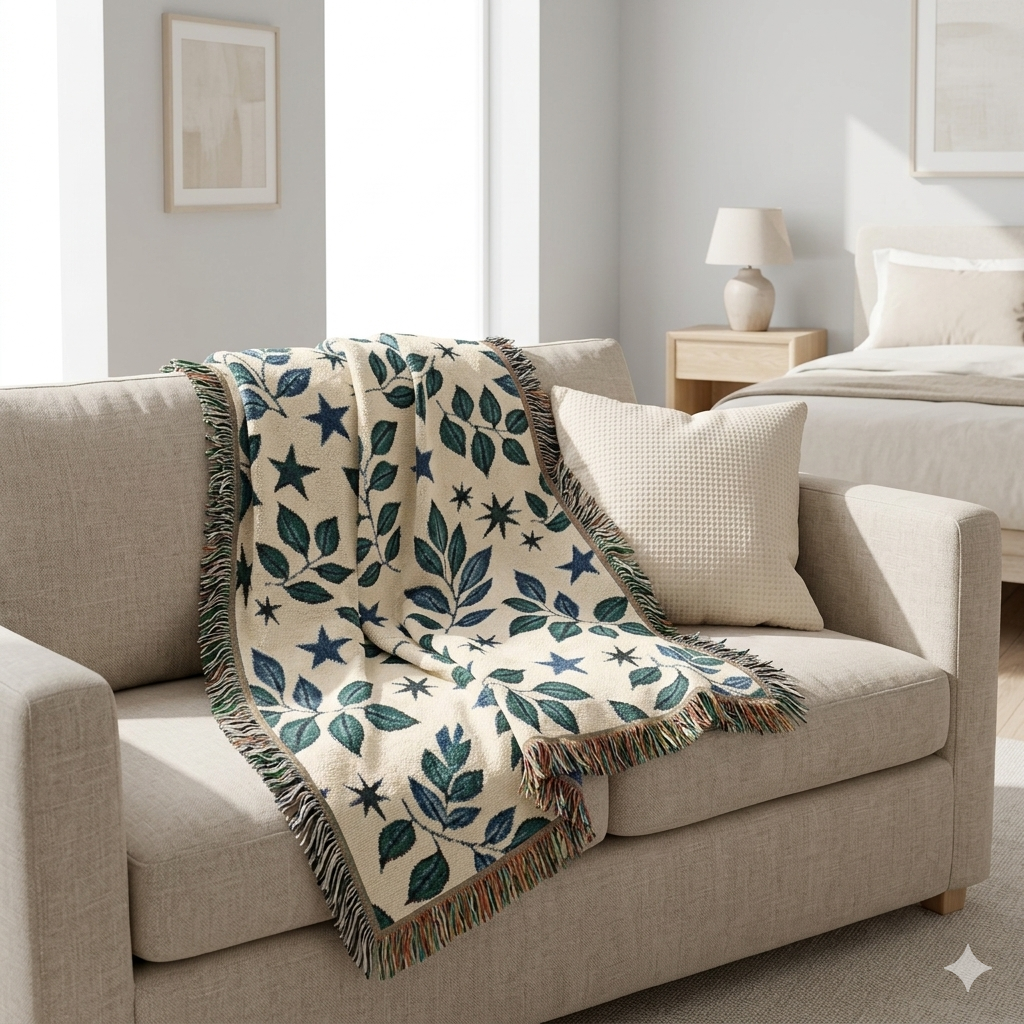 Couverture tissée Botanical Star — Jeté réversible à motif de feuilles et d'étoiles