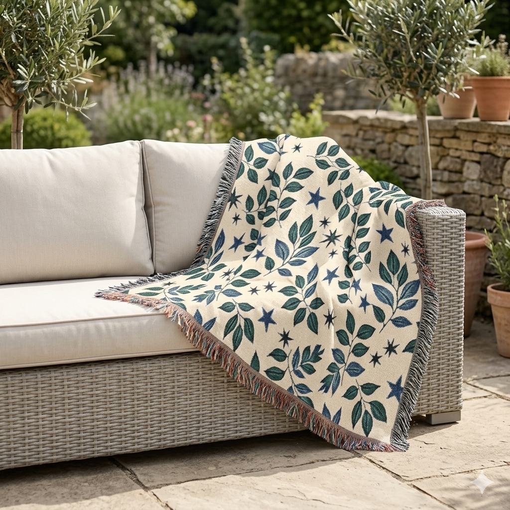 Couverture tissée Botanical Star — Jeté réversible à motif de feuilles et d'étoiles