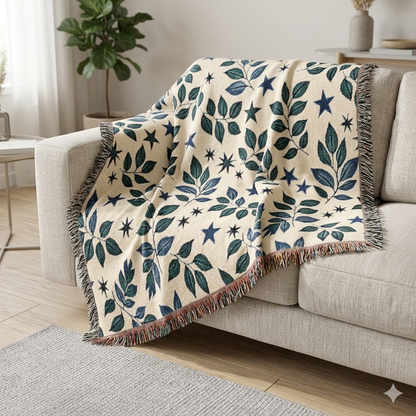 Couverture tissée Botanical Star — Jeté réversible à motif de feuilles et d'étoiles