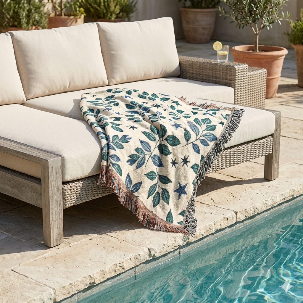 Couverture tissée Botanical Star — Jeté réversible à motif de feuilles et d'étoiles