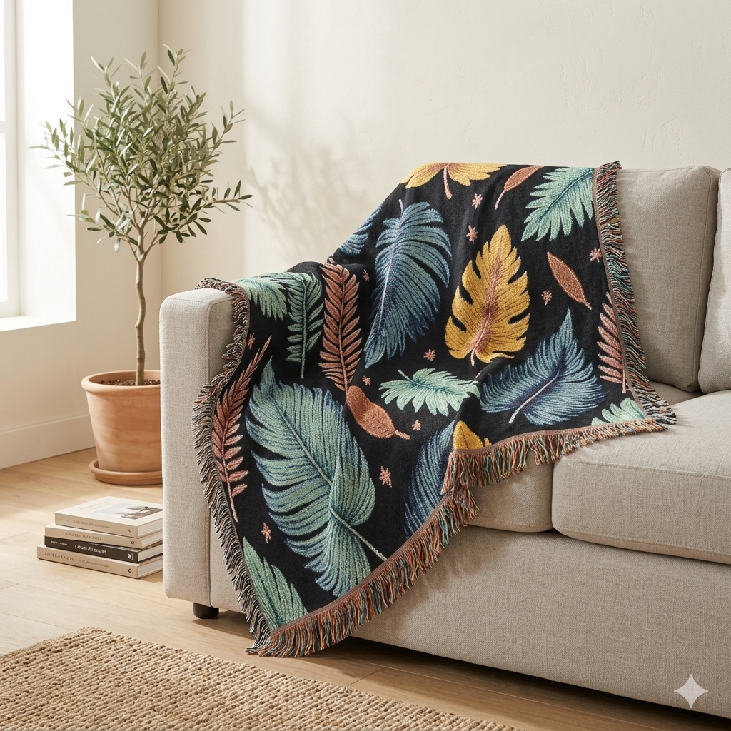 Couverture tissée « Feuilles à plumes »