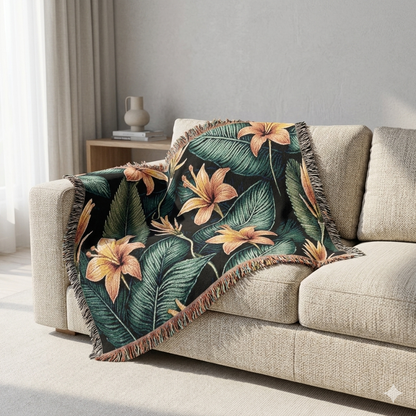Couverture tissée lys tropical — Plaid fleuri pour salon et patio