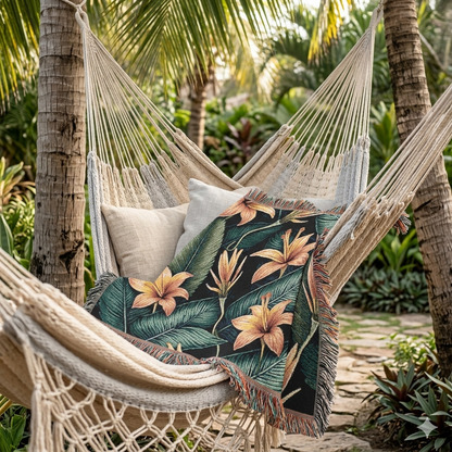 Couverture tissée lys tropical — Plaid fleuri pour salon et patio
