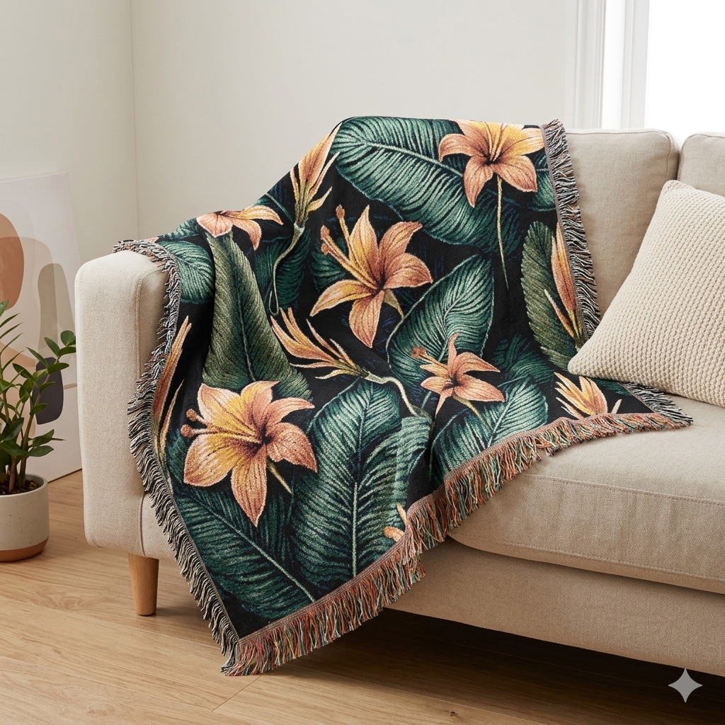 Couverture tissée lys tropical — Plaid fleuri pour salon et patio