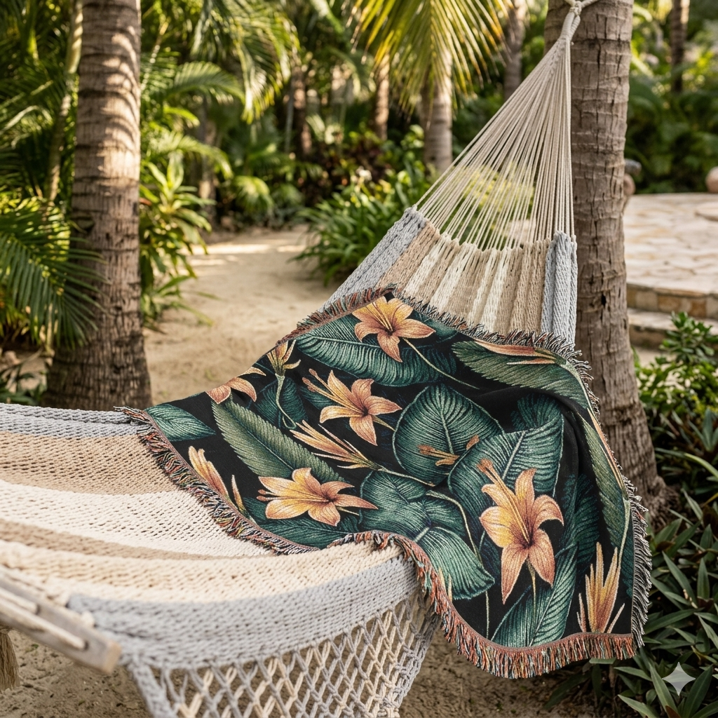 Couverture tissée lys tropical — Plaid fleuri pour salon et patio