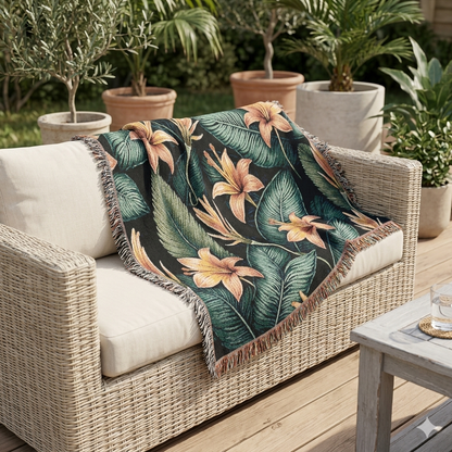 Couverture tissée lys tropical — Plaid fleuri pour salon et patio