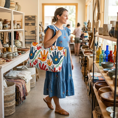 Sac de voyage bohème avec empreintes de mains colorées et imprimé palmiers