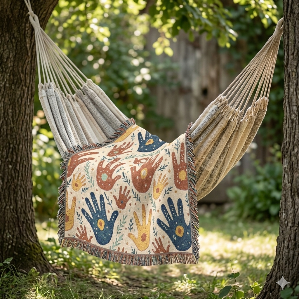 Couverture tissée à motif d'empreintes de mains — Jeté bohème tribal pour salon, chambre d'enfant ou cadeau