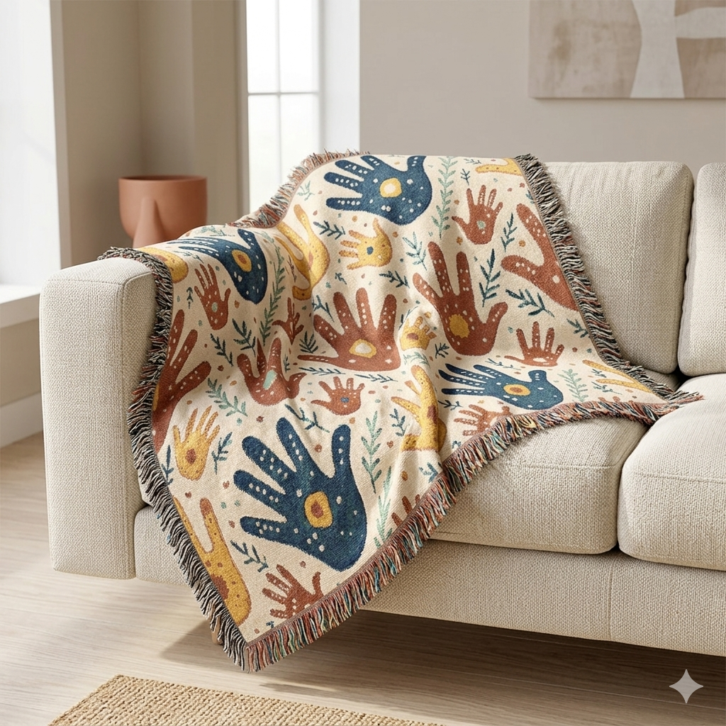 Couverture tissée à motif d'empreintes de mains — Jeté bohème tribal pour salon, chambre d'enfant ou cadeau