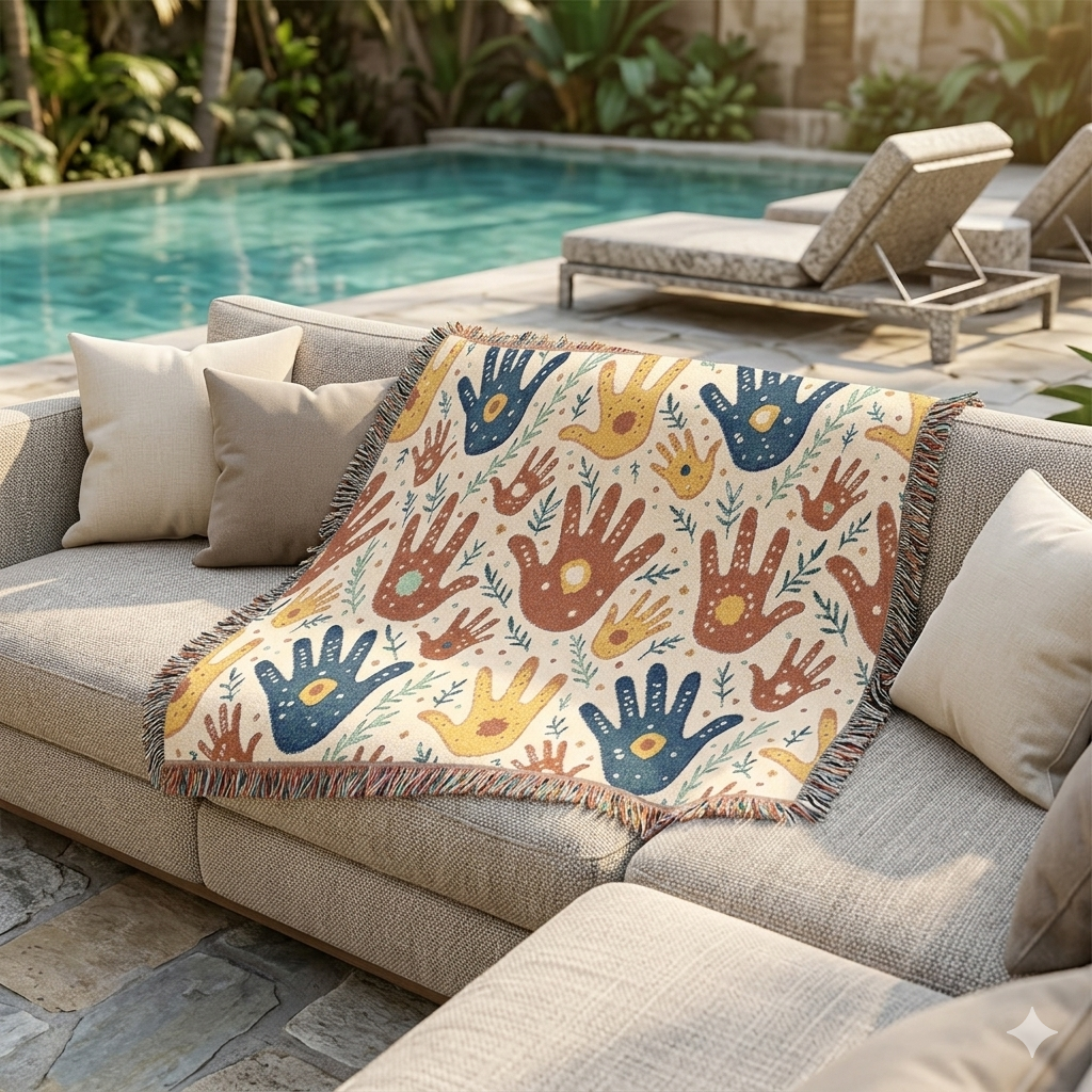 Couverture tissée à motif d'empreintes de mains — Jeté bohème tribal pour salon, chambre d'enfant ou cadeau