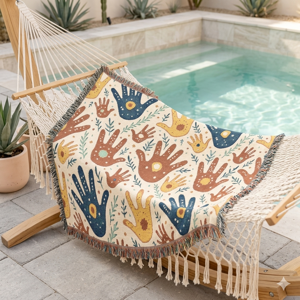 Couverture tissée à motif d'empreintes de mains — Jeté bohème tribal pour salon, chambre d'enfant ou cadeau