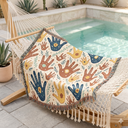 Couverture tissée à motif d'empreintes de mains — Jeté bohème tribal pour salon, chambre d'enfant ou cadeau
