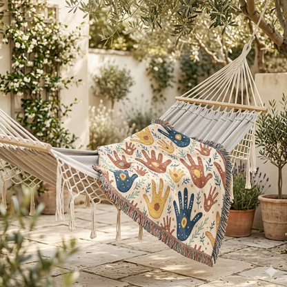 Couverture tissée à motif d'empreintes de mains — Jeté bohème tribal pour salon, chambre d'enfant ou cadeau