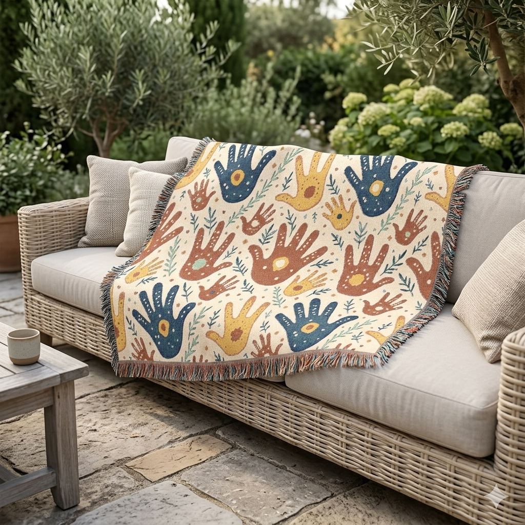 Couverture tissée à motif d'empreintes de mains — Jeté bohème tribal pour salon, chambre d'enfant ou cadeau