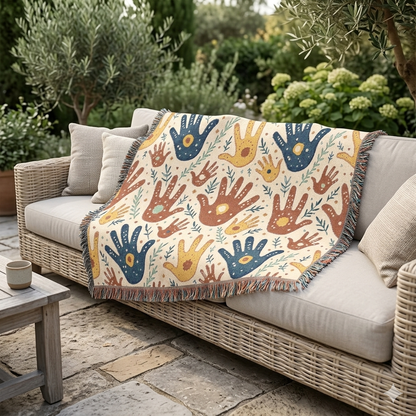 Couverture tissée à motif d'empreintes de mains — Jeté bohème tribal pour salon, chambre d'enfant ou cadeau