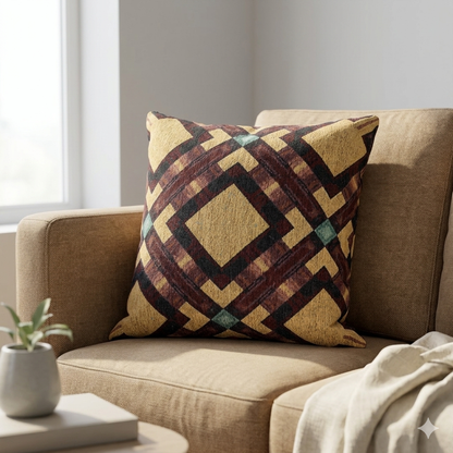 Coussin tressé — Coussin décoratif bohème géométrique aux tons chauds et terreux