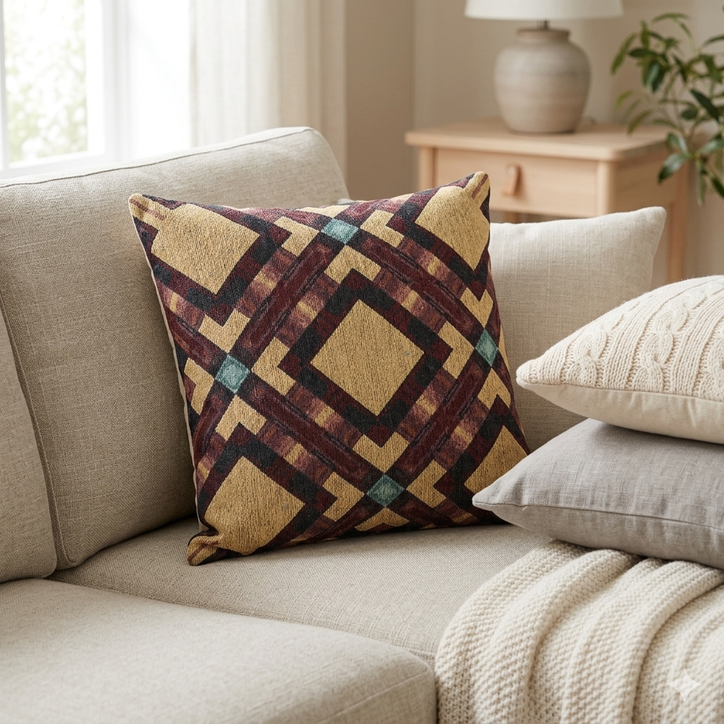 Coussin tressé — Coussin décoratif bohème géométrique aux tons chauds et terreux