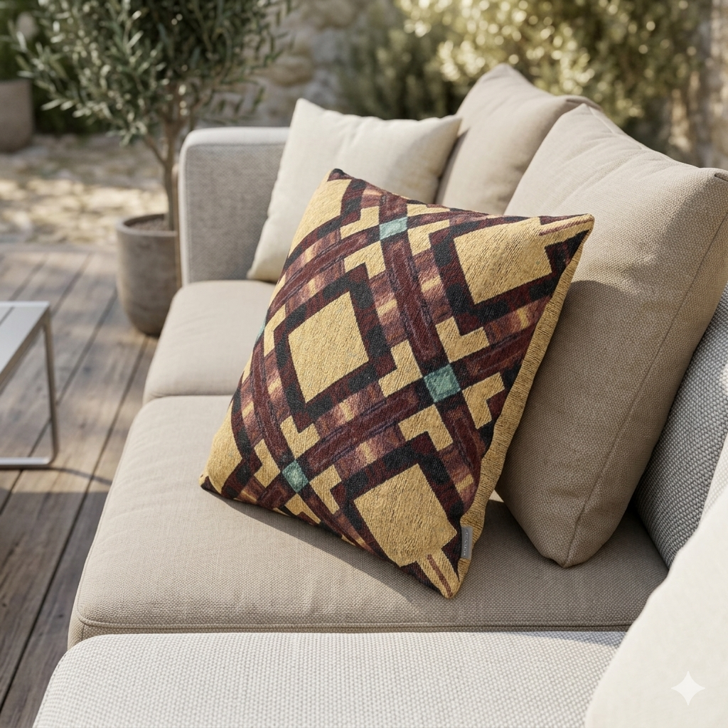 Coussin tressé — Coussin décoratif bohème géométrique aux tons chauds et terreux