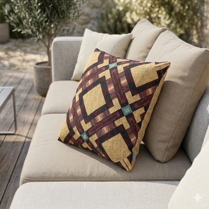 Coussin tressé — Coussin décoratif bohème géométrique aux tons chauds et terreux