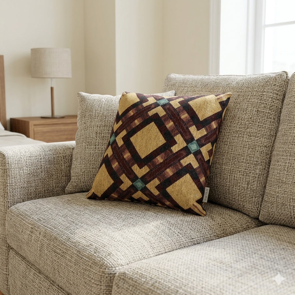 Coussin tressé — Coussin décoratif bohème géométrique aux tons chauds et terreux