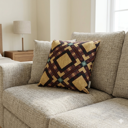 Coussin tressé — Coussin décoratif bohème géométrique aux tons chauds et terreux