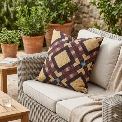 Coussin tressé — Coussin décoratif bohème géométrique aux tons chauds et terreux