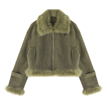 Veste de motard pour femme en cuir doublée de fourrure – Manteau de moto court doublé en daim