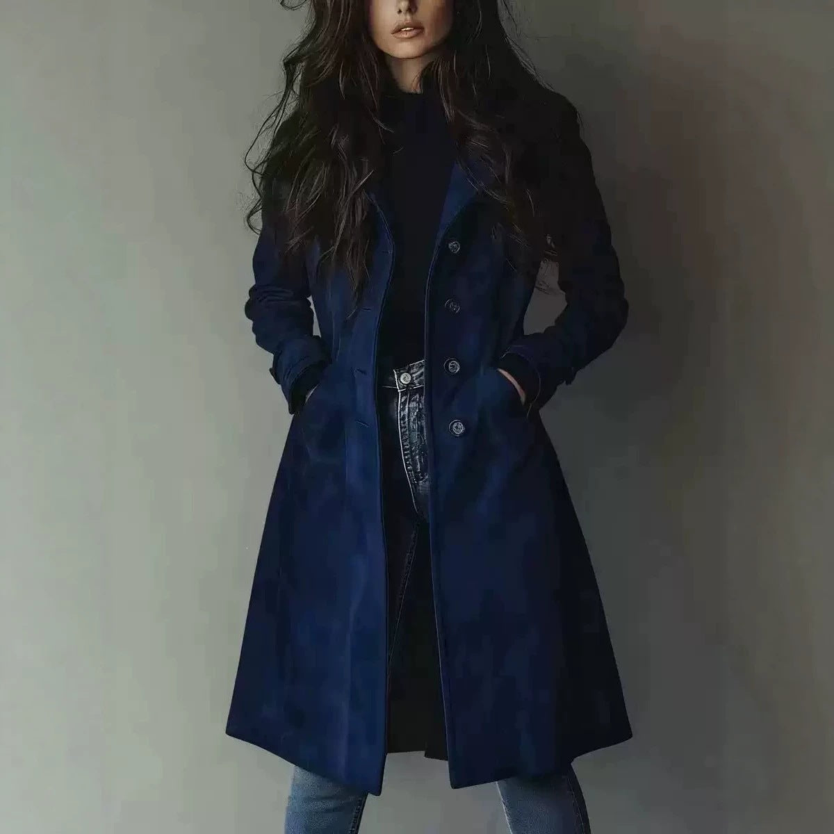 Trench-coat à revers en daim pour femme – Veste mi-longue ceinturée pour l'automne et l'hiver