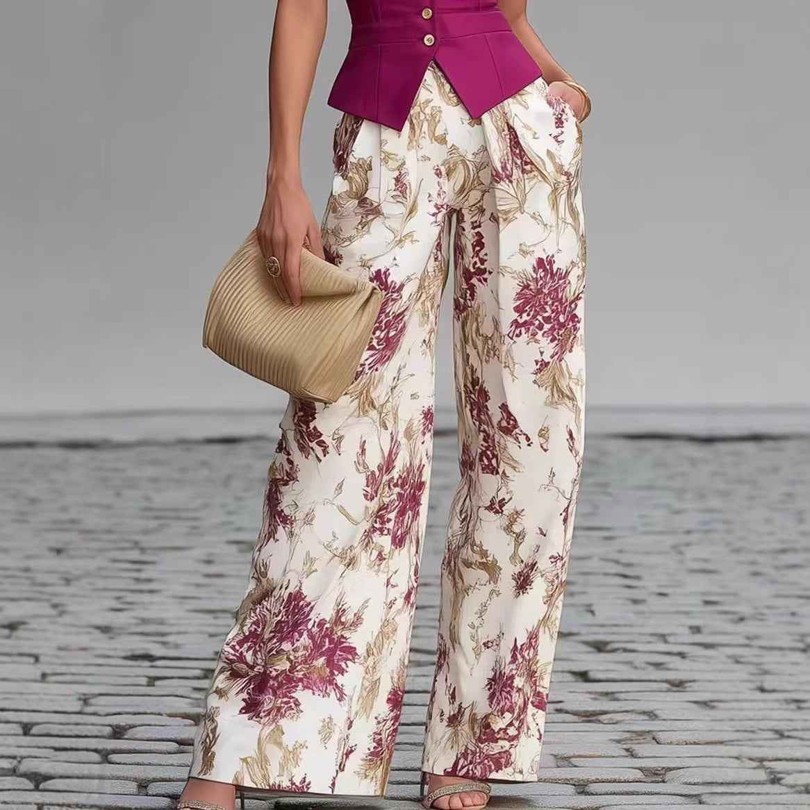 Ensemble deux pièces gilet boutonné élégant et pantalon large amincissant d'été pour femme