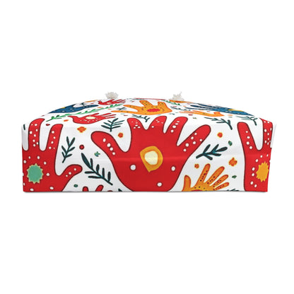 Sac de voyage bohème avec empreintes de mains colorées et imprimé palmiers
