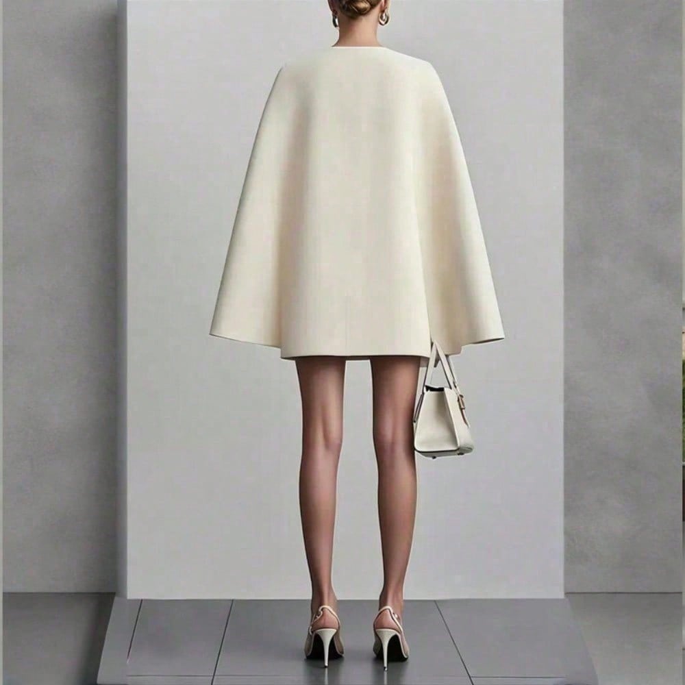 Robe blazer courte à cape élégante pour femme, robe habillée de luxe à double boutonnage, col en V, épaules structurées et manches cape fluides.