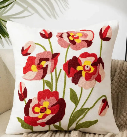 Housse de coussin décorative à broderies florales