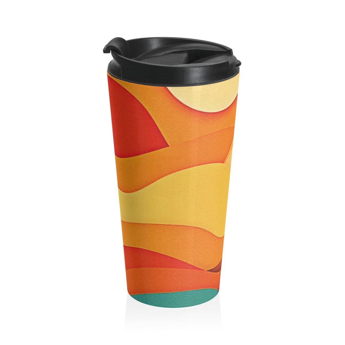 Mug de voyage en acier inoxydable Vagues au coucher du soleil — Design rétro abstrait orange et jaune