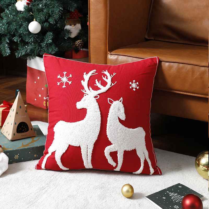 Housse de coussin de Noël motif renne – Taie d'oreiller brodée avec élan de dessin animé pour canapé et maison