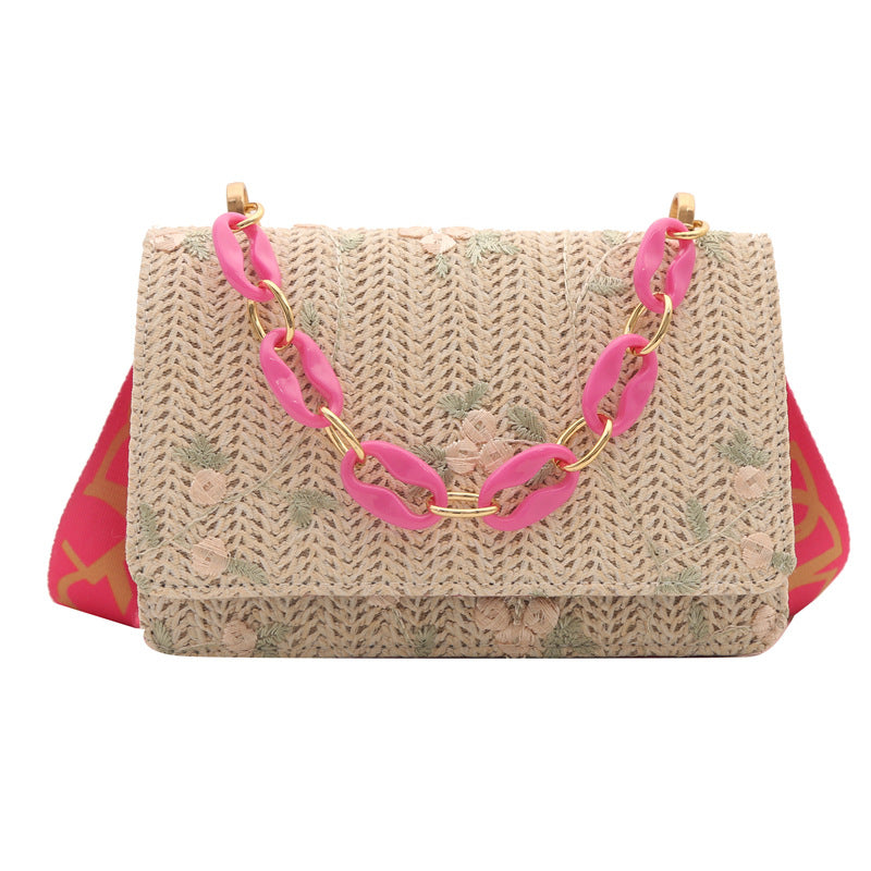 Petit sac bandoulière carré en paille pour femme avec chaîne en acrylique