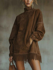 Robe ample en daim à franges pour femme - Robe à manches longues avec poches